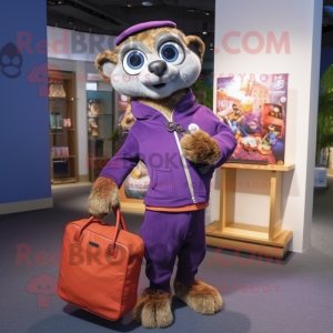 Purple Meerkat mascot costume character dressed with a Trousers and Handbags