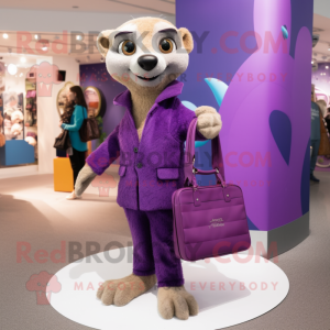 Purple Meerkat mascot costume character dressed with a Trousers and Handbags