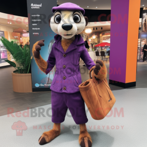 Purple Meerkat mascot costume character dressed with a Trousers and Handbags