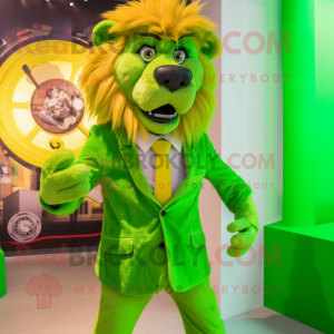 Lime Green Tamer Lion mascot costume character dressed with a Suit and Ties