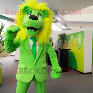 Lime Green Tamer Lion mascot costume character dressed with a Suit and Ties