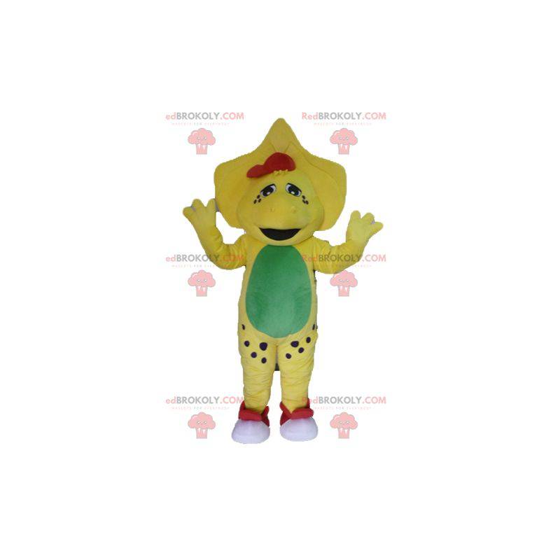 Mascotte de dinosaure jaune vert et rouge - Redbrokoly.com
