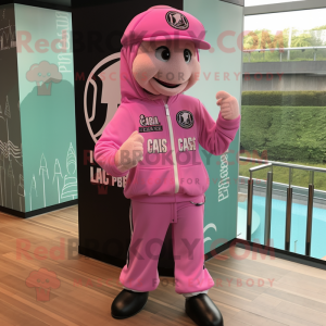 Pink Caesar Salad mascot costume character dressed with a Joggers and Berets