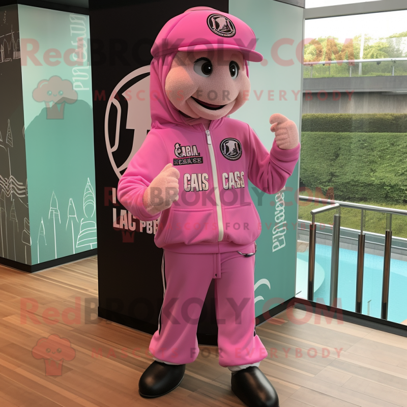 Pink Caesar Salad mascot costume character dressed with a Joggers and Berets Pink Caesar Salad mascot costume character dressed with a Joggers and Berets