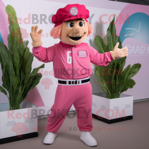 Pink Caesar Salad mascot costume character dressed with a Joggers and Berets