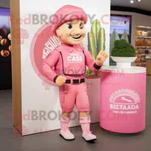 Pink Caesar Salad mascot costume character dressed with a Joggers and Berets