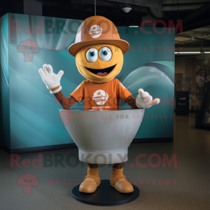 Rust Plate Spinner mascot costume character dressed with a T-Shirt and Caps