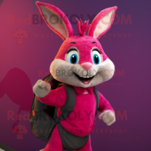 Magenta Wild Rabbit mascot costume character dressed with a V-Neck Tee and Backpacks