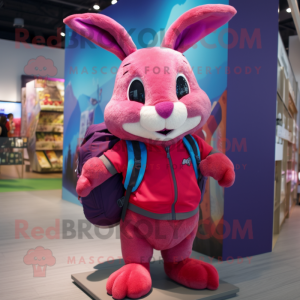 Magenta Wild Rabbit mascot costume character dressed with a V-Neck Tee and Backpacks