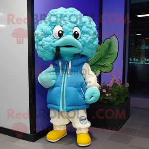 Cyan Cauliflower mascot costume character dressed with a Windbreaker and Scarves