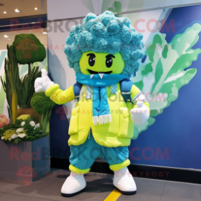 Cyan Cauliflower mascot costume character dressed with a Windbreaker and Scarves