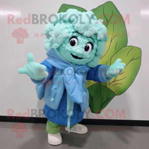 Cyan Cauliflower mascot costume character dressed with a Windbreaker and Scarves