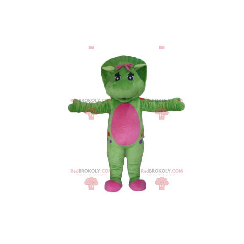Reusachtige groene en roze dinosaurusmascotte - Redbrokoly.com
