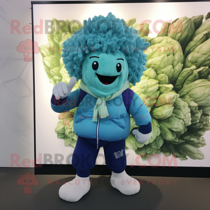 Cyan Cauliflower mascot costume character dressed with a Windbreaker and Scarves