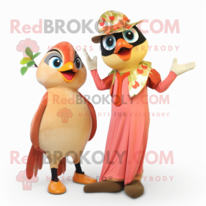Peach Woodpecker mascot costume character dressed with a Maxi Dress and Mittens