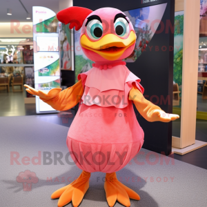 Peach Woodpecker mascot costume character dressed with a Maxi Dress and Mittens