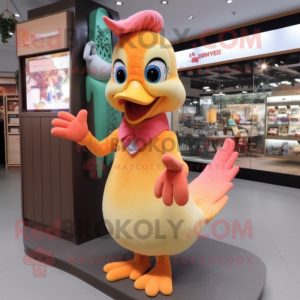 Peach Woodpecker mascot costume character dressed with a Maxi Dress and Mittens