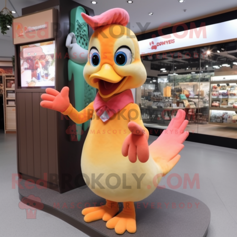 Peach Woodpecker mascot costume character dressed with a Maxi Dress and Mittens Peach Woodpecker mascot costume character dressed with a Maxi Dress and Mittens