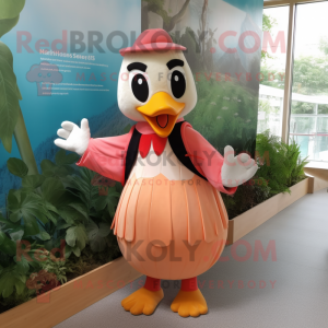 Peach Woodpecker mascot costume character dressed with a Maxi Dress and Mittens