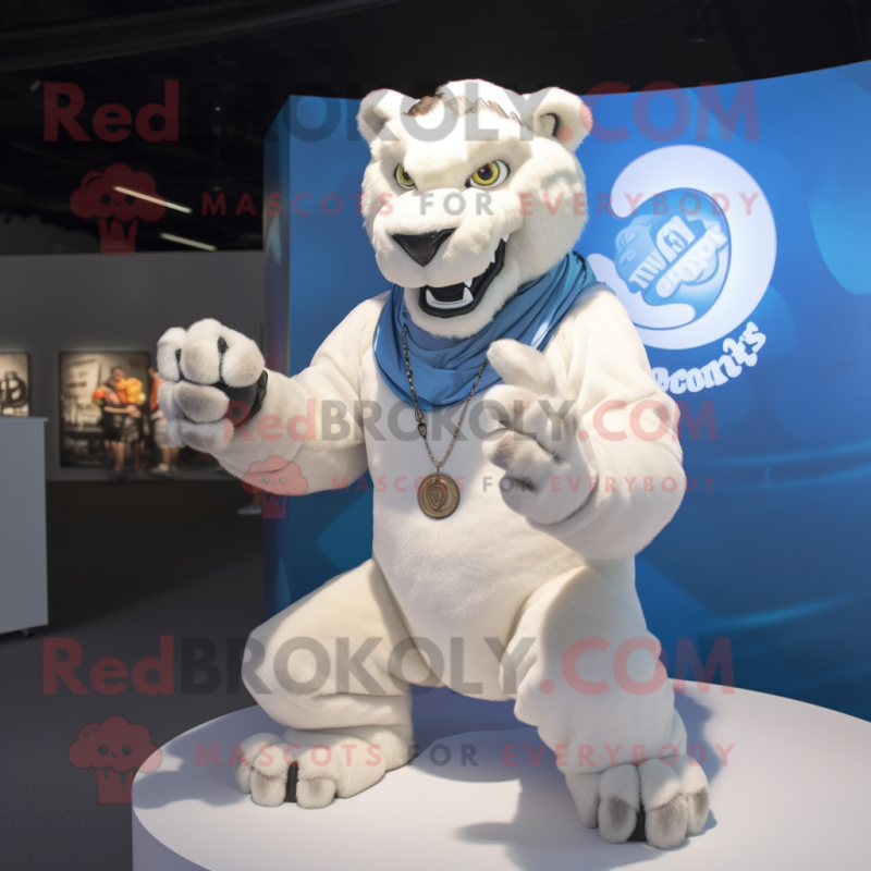 White Smilodon mascot costume character dressed with a Poplin Shirt and Rings White Smilodon mascot costume character dressed with a Poplin Shirt and Rings