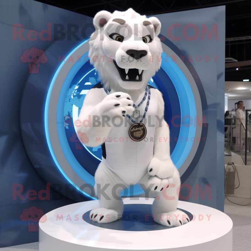 White Smilodon mascot costume character dressed with a Poplin Shirt and Rings White Smilodon mascot costume character dressed with a Poplin Shirt and Rings
