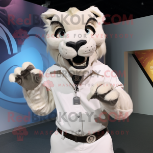 White Smilodon mascot costume character dressed with a Poplin Shirt and Rings
