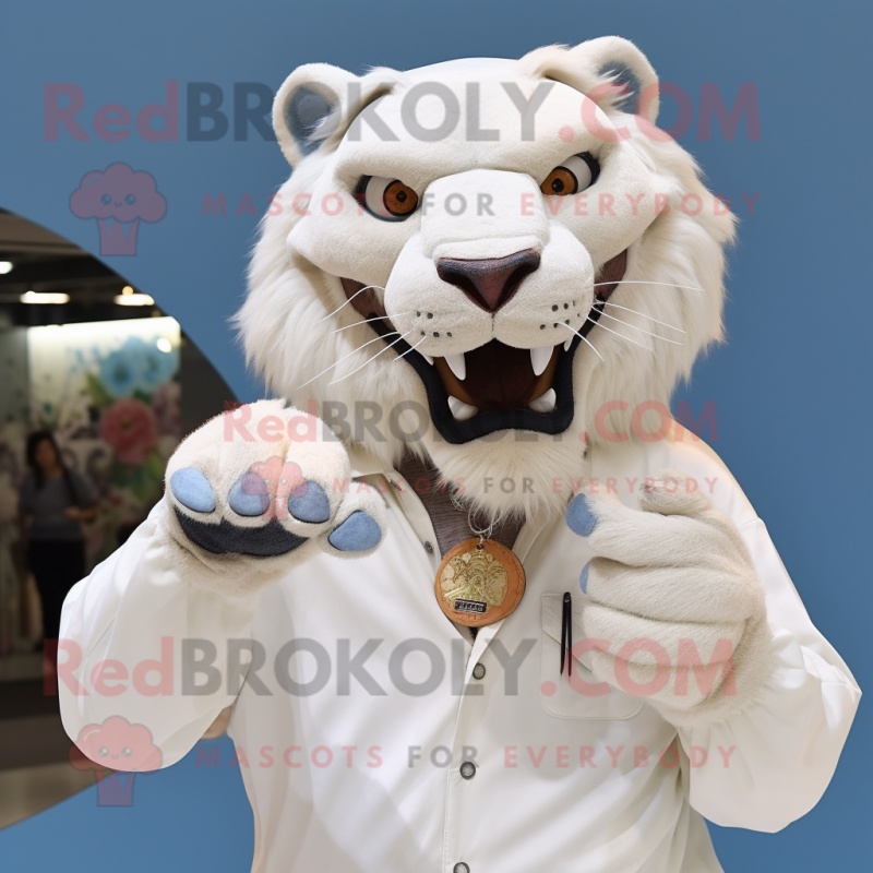 White Smilodon mascot costume character dressed with a Poplin Shirt and Rings White Smilodon mascot costume character dressed with a Poplin Shirt and Rings