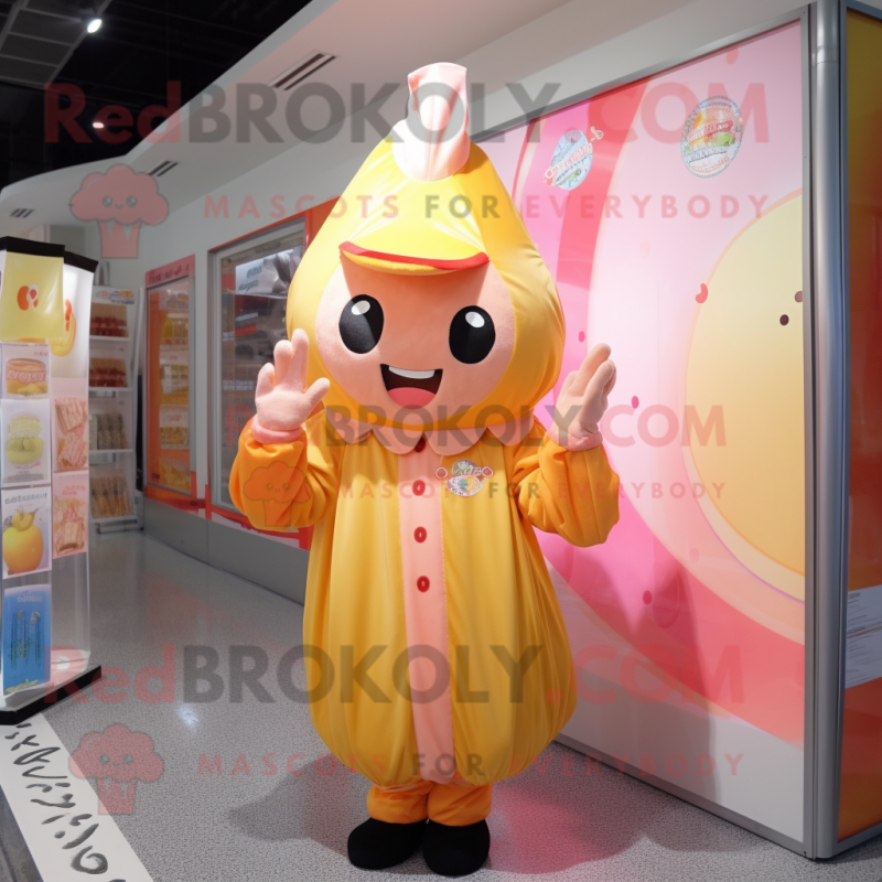 Peach Candy mascot costume character dressed with a Raincoat and Headbands