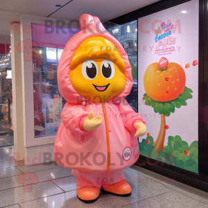 Peach Candy mascot costume character dressed with a Raincoat and Headbands