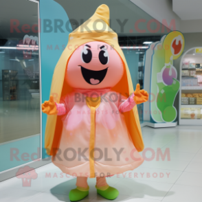 Peach Candy mascot costume character dressed with a Raincoat and Headbands