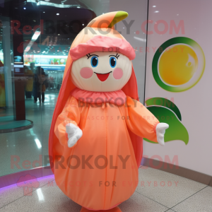 Peach Candy mascot costume character dressed with a Raincoat and Headbands