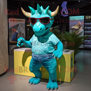 Turquoise Triceratops mascot costume character dressed with a Polo Shirt and Sunglasses