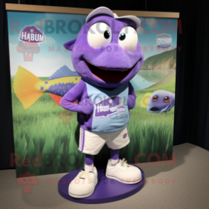 Lavender Cod mascot costume character dressed with a Shorts and Bracelets