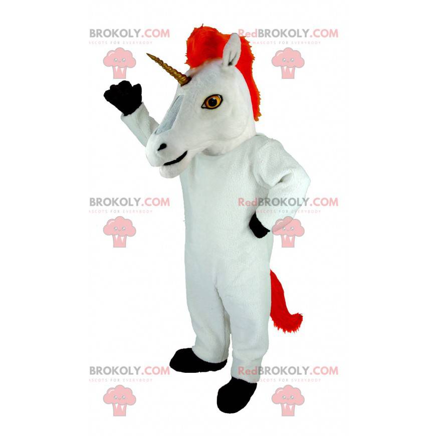 Mascote gigante unicórnio branco e vermelho - Redbrokoly.com