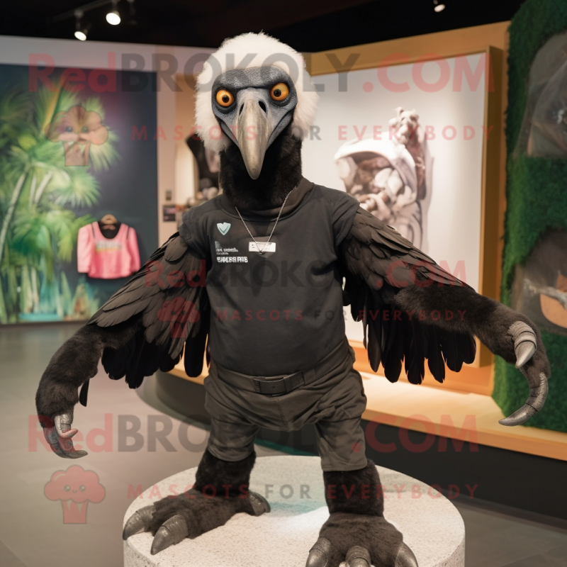 Black Vulture mascot costume character dressed with a T-Shirt and Cummerbunds Black Vulture mascot costume character dressed with a T-Shirt and Cummerbunds