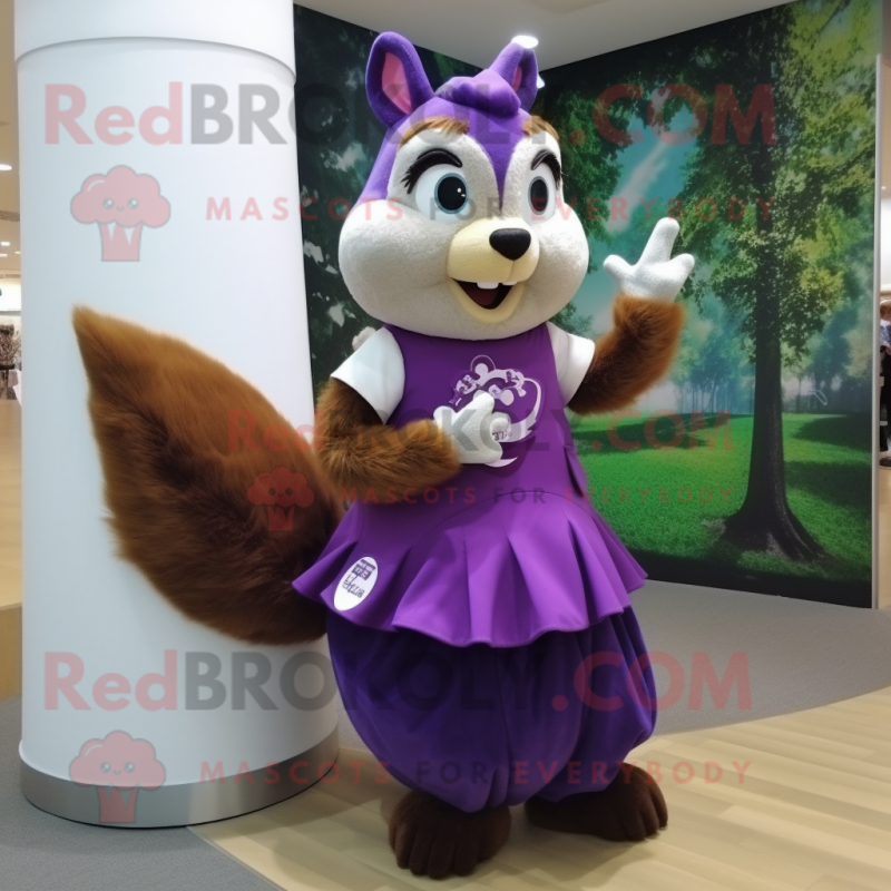 Purple Squirrel mascot costume character dressed with a Skirt and Watches Purple Squirrel mascot costume character dressed with a Skirt and Watches