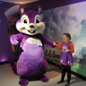 Purple Squirrel mascot costume character dressed with a Skirt and Watches