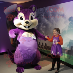 Purple Squirrel mascot costume character dressed with a Skirt and Watches