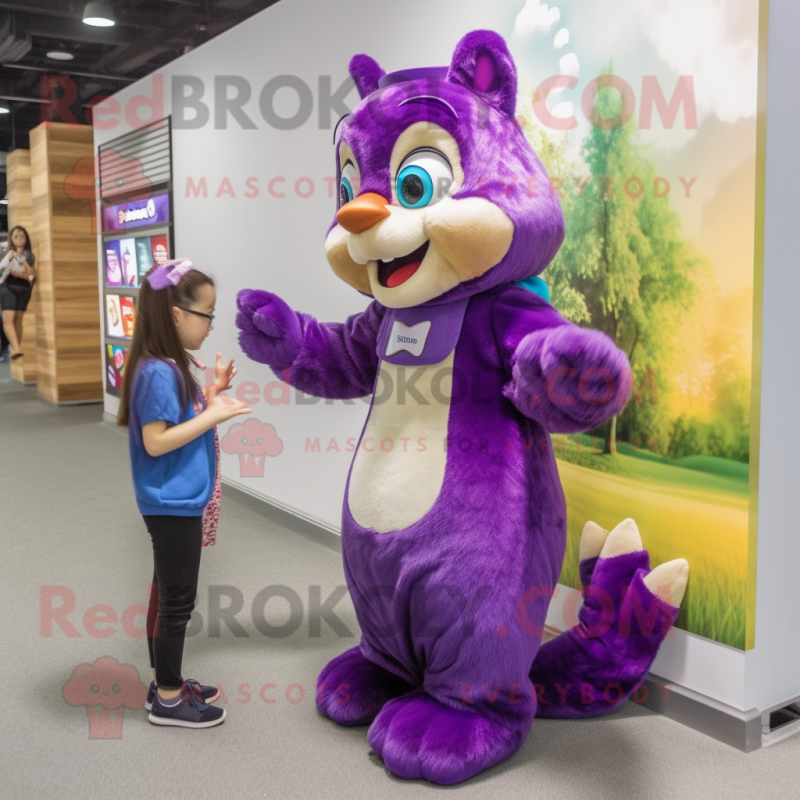 Purple Squirrel mascot costume character dressed with a Skirt and Watches