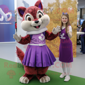 Purple Squirrel mascot costume character dressed with a Skirt and Watches
