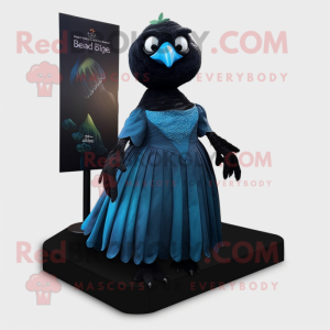 Cyan Blackbird mascot costume character dressed with a Evening Gown and Shoe laces