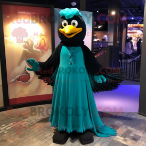 Cyan Blackbird mascot costume character dressed with a Evening Gown and Shoe laces