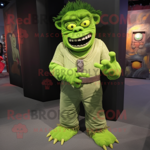 Lime Green Frankenstein'S Monster mascot costume character dressed with a Corduroy Pants and Bracelets