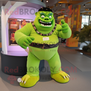 Lime Green Frankenstein'S Monster mascot costume character dressed with a Corduroy Pants and Bracelets