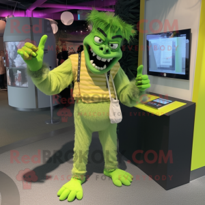 Lime Green Frankenstein'S Monster mascot costume character dressed with a Corduroy Pants and Bracelets