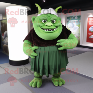 Forest Green Ogre mascot costume character dressed with a Shift Dress and Scarves