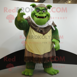 Forest Green Ogre mascot costume character dressed with a Shift Dress and Scarves