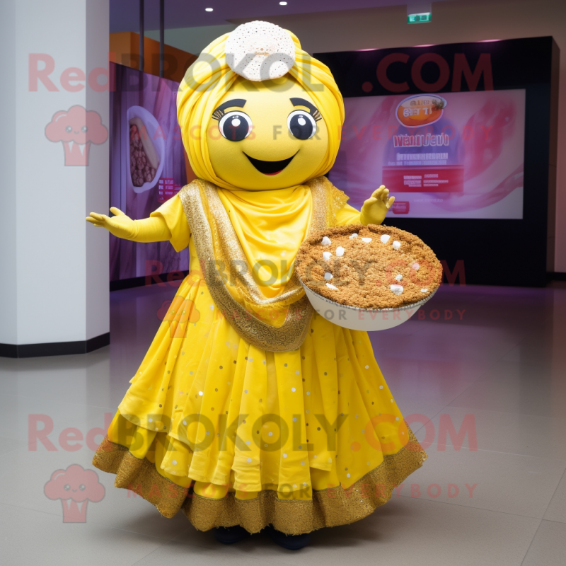 Yellow Biryani mascot costume character dressed with a Skirt and Coin purses Yellow Biryani mascot costume character dressed with a Skirt and Coin purses