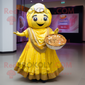 Yellow Biryani mascot costume character dressed with a Skirt and Coin purses