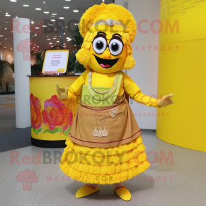 Yellow Biryani mascot costume character dressed with a Skirt and Coin purses